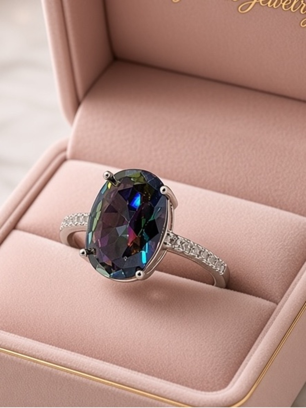 White Gold Plated Mystic Topaz Oval Solitaire Ring in Multi-Colour with CZ Band.